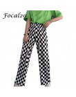 Focal20 Streetwear Plaid damskie spodnie w pasie pełnej długości w kratkę czarno-białe dorywczo luźne proste spodnie