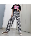 Focal20 Streetwear Plaid damskie spodnie w pasie pełnej długości w kratkę czarno-białe dorywczo luźne proste spodnie