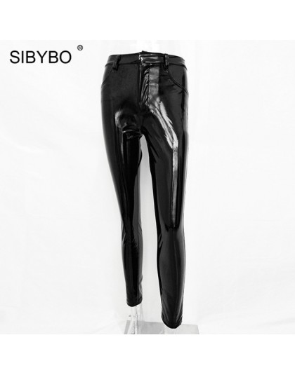 SIBYBO wysokiej talii PU skórzane spodnie na co dzień kobiety wiosna nowe guziki smukłe spodnie ołówkowe czarne seksowne spodnie