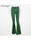 Chicology zielony nadruk ognia spodnie flare wysokiej talii bell bottom 2019 lato sexy kobiety streetwear odzież kobiece spodnie