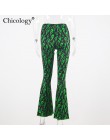 Chicology zielony nadruk ognia spodnie flare wysokiej talii bell bottom 2019 lato sexy kobiety streetwear odzież kobiece spodnie