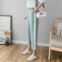 Bawełniane lniane spodnie do kostek damskie wiosenne letnie spodnie typu Casual spodnie ołówkowe w stylu Casual pasiaste damskie