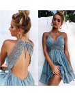 Kobiety lato Sundress Sexy Backless dekolt sukienki plażowe 2020 bez rękawów Spaghetti pasek Spaghetti pasek biały Boho Mini suk