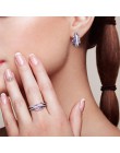 SANTUZZA 925 srebrny komplet biżuterii damskiej musujące fioletowy ametyst kolczyki z różową kwadratową cyrkonią zestaw pierście