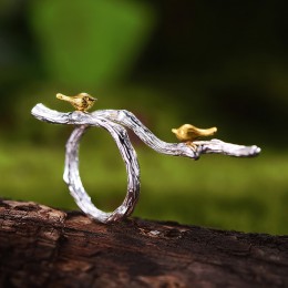 Lotus Fun prawdziwe 925 Sterling Silver oryginalny Handmade Fine Jewelry regulowany pierścień 18K złoty ptak na gałęzi pierścien
