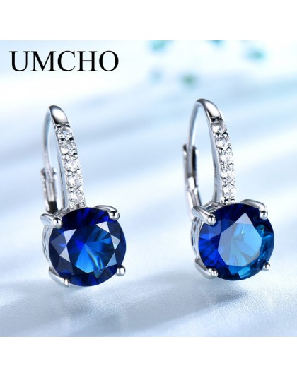 UMCHO prawdziwe 925 srebro klipsy dla kobiet kamień niebo niebieski topaz kobiece kolczyki okrągłe ślubne walentynki biżuteria