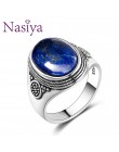 Nasiya luksusowe Vintage srebro rRing 10x14MM duży owalny lazuryt pierścienie dla mężczyzn biżuteria damska rocznica