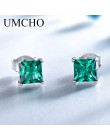 UMCHO 100% 925 Sterling Silver Emerald stadniny kolczyki dla kobiet Princess-cut kamień Birthstone moda koreańskie kolczyki biżu