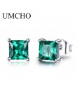 UMCHO 100% 925 Sterling Silver Emerald stadniny kolczyki dla kobiet Princess-cut kamień Birthstone moda koreańskie kolczyki biżu