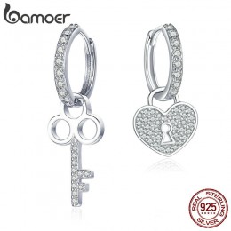 BAMOER Classic 100% 925 Sterling srebrne dla zakochanych w kształcie serca zamek kluczowy spadek kolczyki dla kobiet biżuteria z