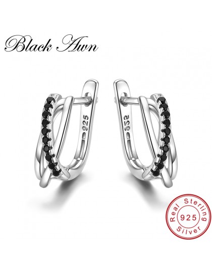 [Czarny AWN] oryginalne 925 srebro kolczyki Hoop kolczyki dla kobiet czarny spinel srebro 925 biżuteria I023
