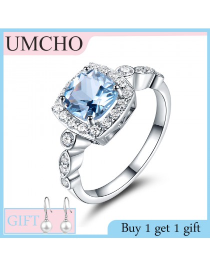 UMCHO prawdziwe S925 srebro pierścionki dla kobiet niebieski Topaz pierścień kamień akwamaryn poduszka romantyczny prezent zaręc
