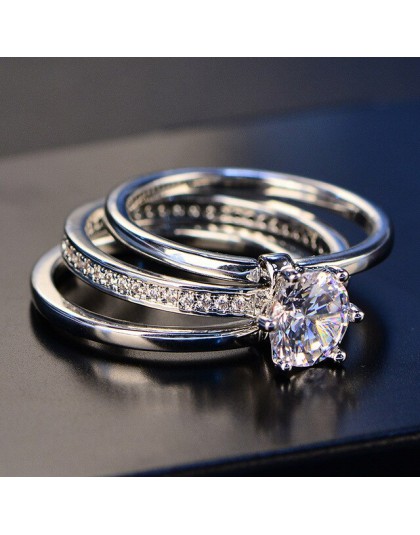 2019 luksusowa kobieta biały zestaw pierścieni ślubnych dla nowożeńców prawdziwe srebro 925 biżuteria z cyrkonią kamień obrączki
