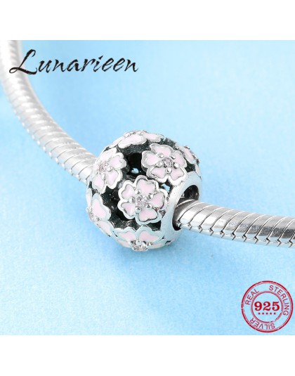925 srebro moda srebrne różowe kwiaty okrągłe emalia koraliki do biżuterii Fit oryginalna bransoletka typu charm pandora tworzen