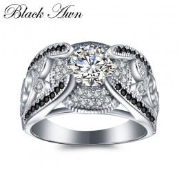 [Czarny AWN] 5.4Gram oryginalna 925 Sterling Silver biżuteria pierścionki dla kobiet czarny i biały kamień Femme Bague C321