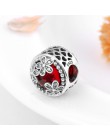 Moda 925 srebro hollow serce trzy kwiaty głębokie czerwone cyrkonie koraliki Fit oryginalny bransoletka typu Charm Pandora tworz