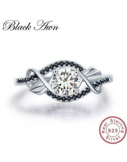 [Czarny AWN] 3.5 Gram 100% oryginalna 925 Sterling Silver biżuteria czarny i biały kamień obrączki dla kobiet C307