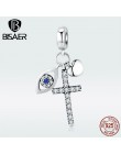 Szczęście 925 srebro Guardian Eyes koraliki niebieskie oczy i krzyż cyrkon Charms fit kobiety bransoletki srebro 925 biżuteria E