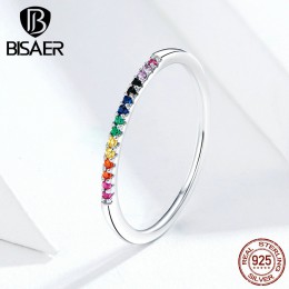 Kolorowa cyrkonia pierścionek BISAER na sprzedaż 925 srebro Rainbow cyrkon pierścień dla kobiet biżuteria ślubna dla nowożeńców 