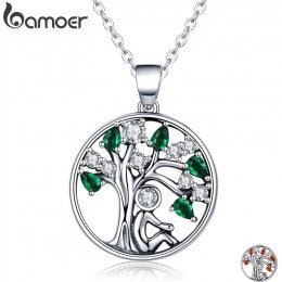 BAMOER popularne 925 srebro polegać wisior drzewo życia naszyjniki jasnozielony CZ kobiety moda biżuteria Brincos prezent SCN094