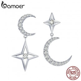BAMOER autentyczne 925 srebro księżyc i gwiazda Dangle kolczyki dla kobiet czysta cyrkonia kolczyki biżuteria ślubna BSE050