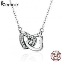 BAMOER prezent walentynkowy 925 srebro połączone serce para serce naszyjnik dla dziewczyny biżuteria srebrna SCN181