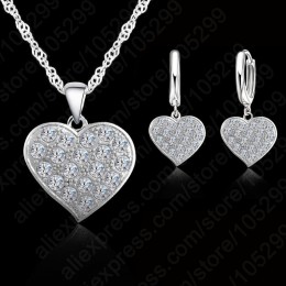 Fine 925 Sterling Silver Heart diamentowy zestaw biżuterii ślubnej dla nowożeńców naszyjnik damski z wisiorkiem zestaw kolczyków