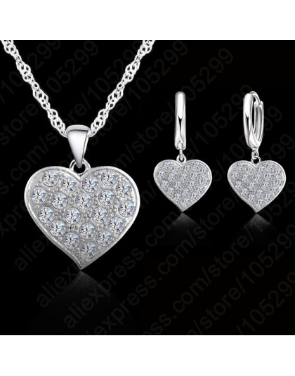 Fine 925 Sterling Silver Heart diamentowy zestaw biżuterii ślubnej dla nowożeńców naszyjnik damski z wisiorkiem zestaw kolczyków