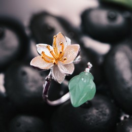 Lotus zabawa prawdziwe 925 srebro naturalne kamienie awenturynowe kwiatowy pierścień Fine Jewelry Lotus szepty pierścionki dla k