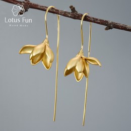 Lotus Fun prawdziwe 925 srebro kolczyki projektant biżuterii 18K złota elegancki kwiat magnolii Dangle kolczyki dla kobiet