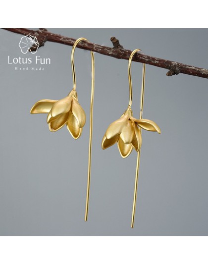 Lotus Fun prawdziwe 925 srebro kolczyki projektant biżuterii 18K złota elegancki kwiat magnolii Dangle kolczyki dla kobiet