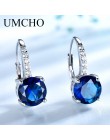 UMCHO 100% prawdziwe srebro 925 biżuteria okrągły utworzono Nano szafirowe klipsy dla kobiet Party Fashion Gift Charms Fine Jewe