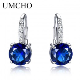 UMCHO 100% prawdziwe srebro 925 biżuteria okrągły utworzono Nano szafirowe klipsy dla kobiet Party Fashion Gift Charms Fine Jewe