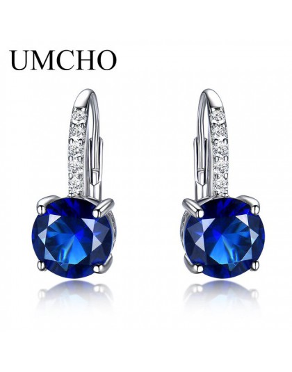 UMCHO 100% prawdziwe srebro 925 biżuteria okrągły utworzono Nano szafirowe klipsy dla kobiet Party Fashion Gift Charms Fine Jewe