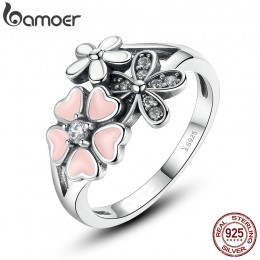 BAMOER moda 925 srebro różowy kwiat poetycki Daisy Cherry Blossom Ring Finger dla kobiet 6 7 8 9 rozmiar biżuteria SCR004