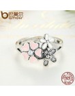 BAMOER moda 925 srebro różowy kwiat poetycki Daisy Cherry Blossom Ring Finger dla kobiet 6 7 8 9 rozmiar biżuteria SCR004