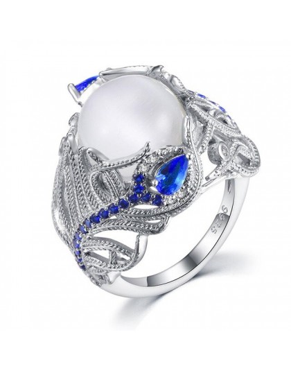 Bague Ringen nowa gorący styl 925 Sterling Silver biżuteria dla kobiet kamień księżycowy Sapphire kwiatowy pierścień Size6, 7,8,