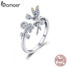 BAMOER GAR025 srebrny pierścień skrzydełka wróżki kwiaty roślin regulowane pierścienie dla kobiet 925 srebro biżuteria dziewczyn