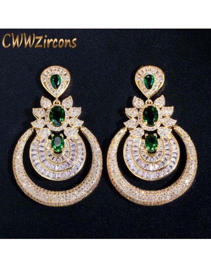 CWWZircons dubaj 18k żółte złoto Vintage biżuteria kostiumowa zielony szmaragd długi Big Drop Wedding Party kolczyki dla kobiet 