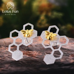 Lotus Fun prawdziwe 925 srebro kolczyki naturalny delikatny biżuteria Honeycomb Home Guard 18K złota pszczoła spadek kolczyki dl