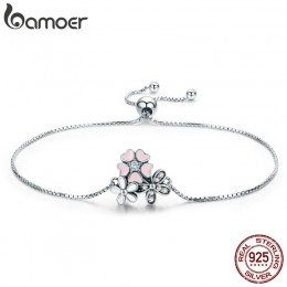 BAMOER moda nowy 100% 925 Sterling Silver Cherry Daisy łańcuch kwiatowy Link kobiety bransoletka srebro biżuteria prezent SCB055