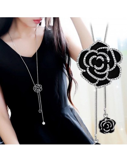 BYSPT cyrkon czarny z kwiatami róży długi naszyjnik łańcuch sweter moda metalowy łańcuszek kryształowy wisiorek kwiat naszyjniki