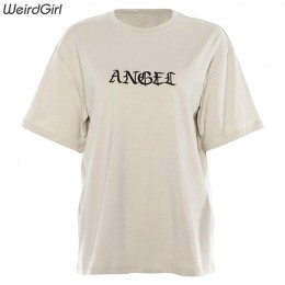 Weirdgirl kobiety haft anioła Casual modne t-shirty list z krótkim rękawem O-Neck Khaki luźne elastyczne kobiece koszulki lato n