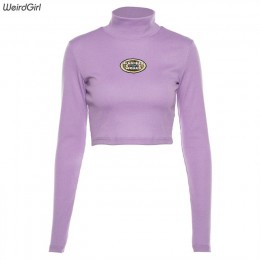 Weirdgirl kobiety moda codzienna z długim rękawem golfem fioletowy jesień list tees eleganckie bluzy kobiece swetry luźne nowe