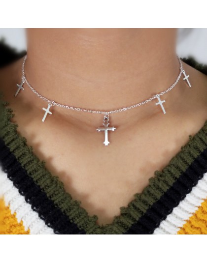 Kolor srebrny naszyjniki z krzyżem i wisiorki dla kobiet Choker łańcuszek do obojczyka biżuteria Femme Bijoux Collares