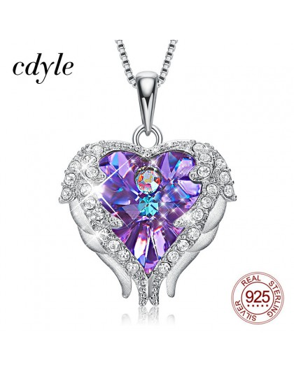 Cdyle Fashion Women 925 Sterling Silver naszyjnik z fioletowym kryształem Angel Wings Heart naszyjnik prezent urodzinowy