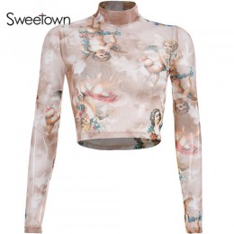 Sweetown lato 2019 Kawaii top z siatki Tshirt mitologii greckiej anioł drukuj przejrzysta bluzka kobiety Sexy przezroczysta kosz