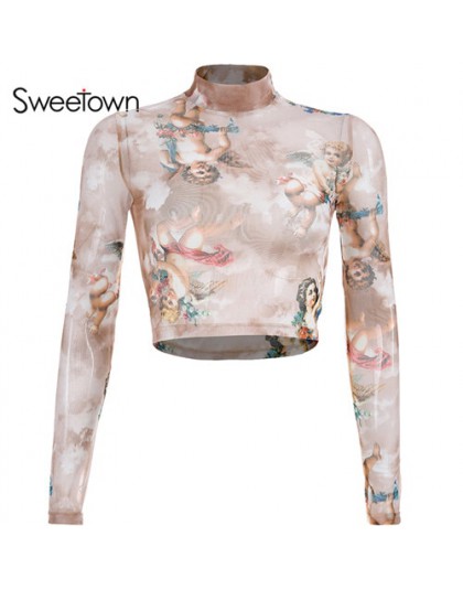 Sweetown lato 2019 Kawaii top z siatki Tshirt mitologii greckiej anioł drukuj przejrzysta bluzka kobiety Sexy przezroczysta kosz
