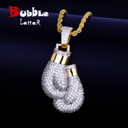 Bling rękawice bokserskie naszyjnik i wisiorek urok bezpłatny łańcuch liny złoty kolor Iced Cubic cyrkon męski hip hop biżuteria