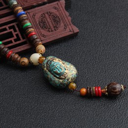 Vintage Nepal długi buddyjski Mala drewno wisiorek z koralikami i naszyjnik etniczne artystyczne Boho budda biżuteria na szczęśc